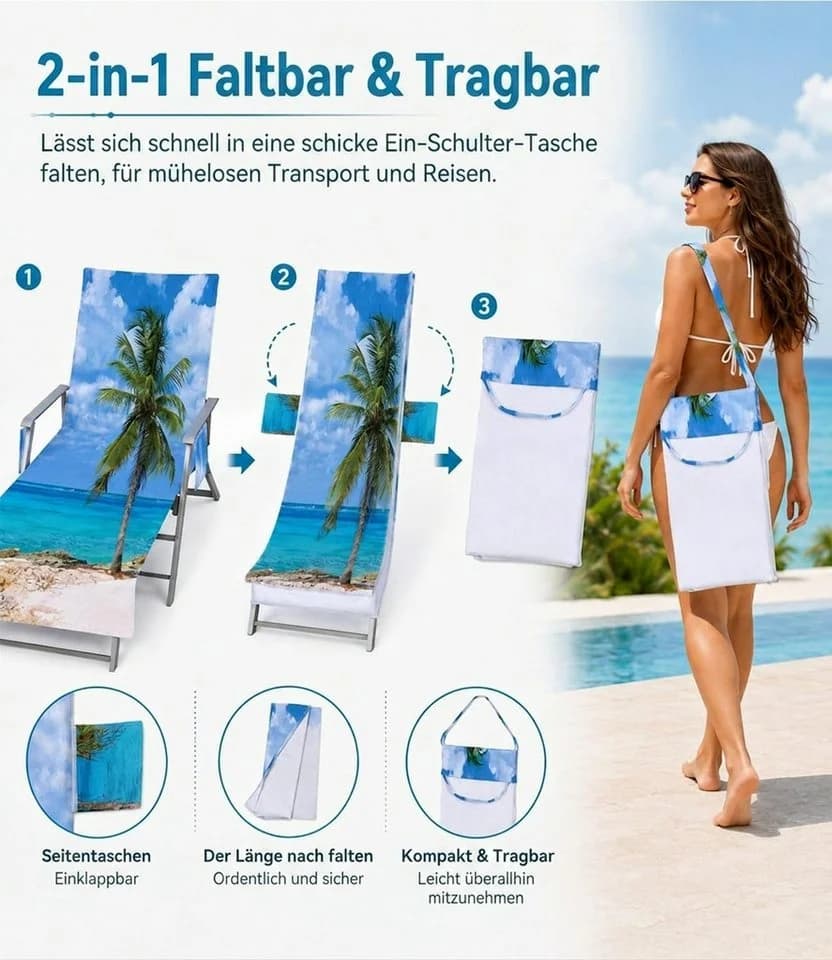 Bwecuy Strandtuch Ozean Schonbezug für Gartenliege mit 2 Taschen - Bild 5