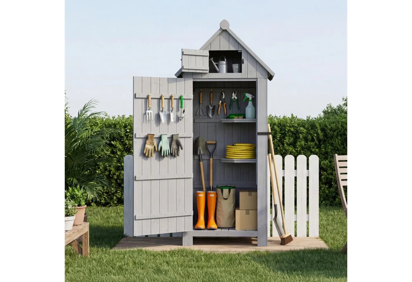 HOMAVO Gerätehaus Gartenschrank Tannenholz Grau mit 3 Böden - Bild 2