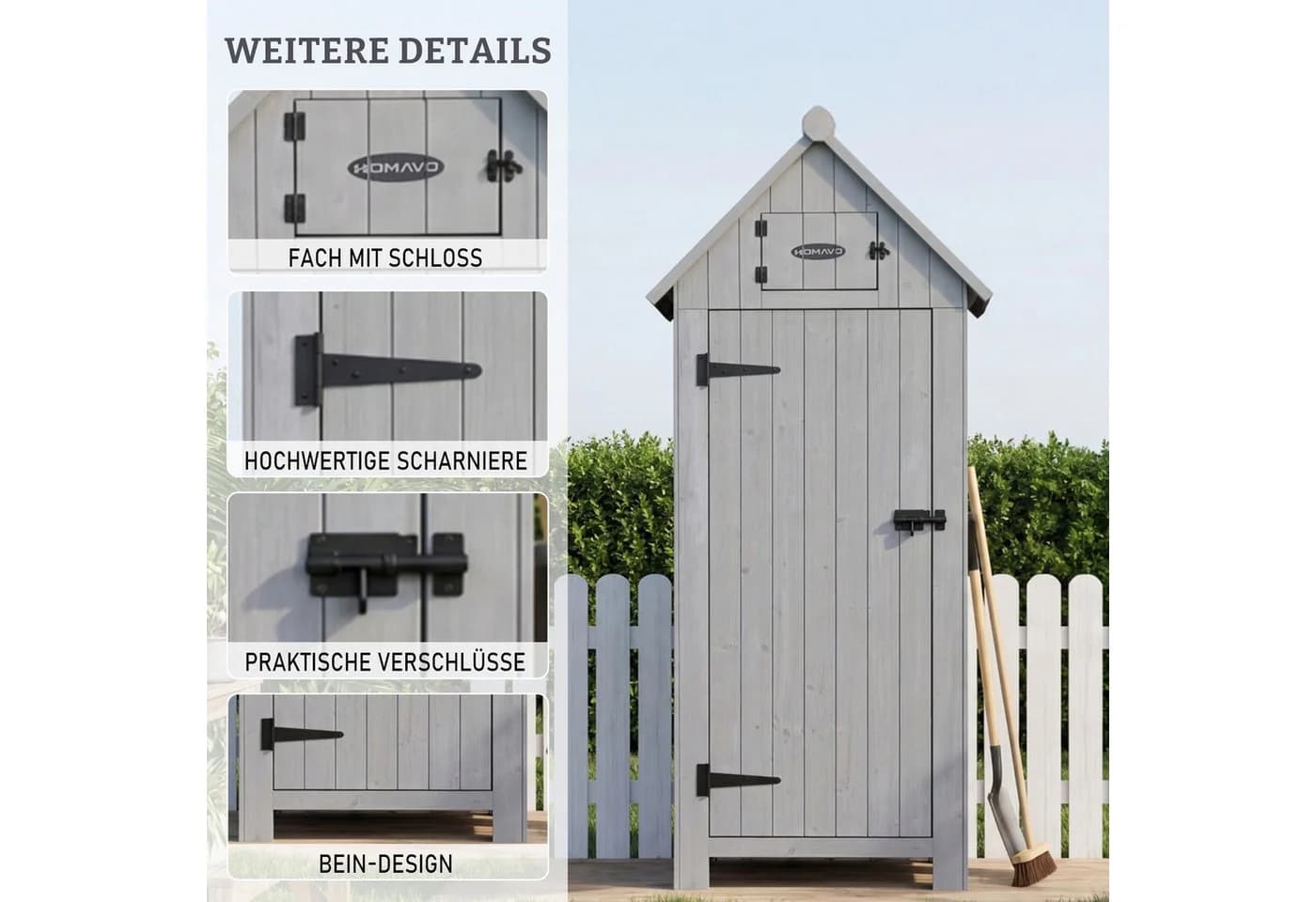 HOMAVO Gerätehaus Gartenschrank Tannenholz Grau mit 3 Böden - Bild 3