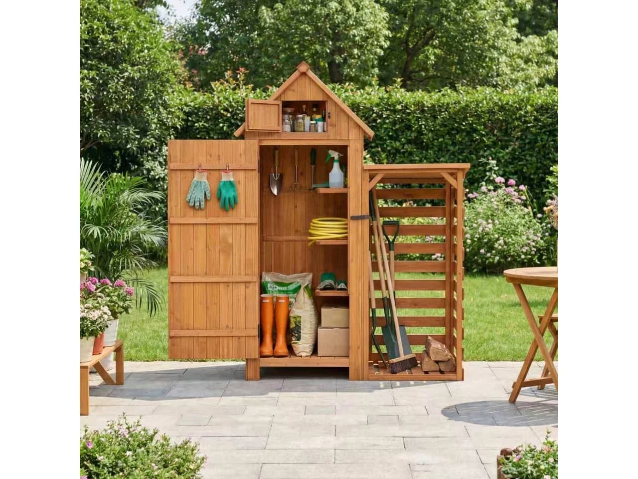 HOMAVO Gerätehaus mit Kaminholzregal Gartenschrank Werkzeugschuppen - Bild 2