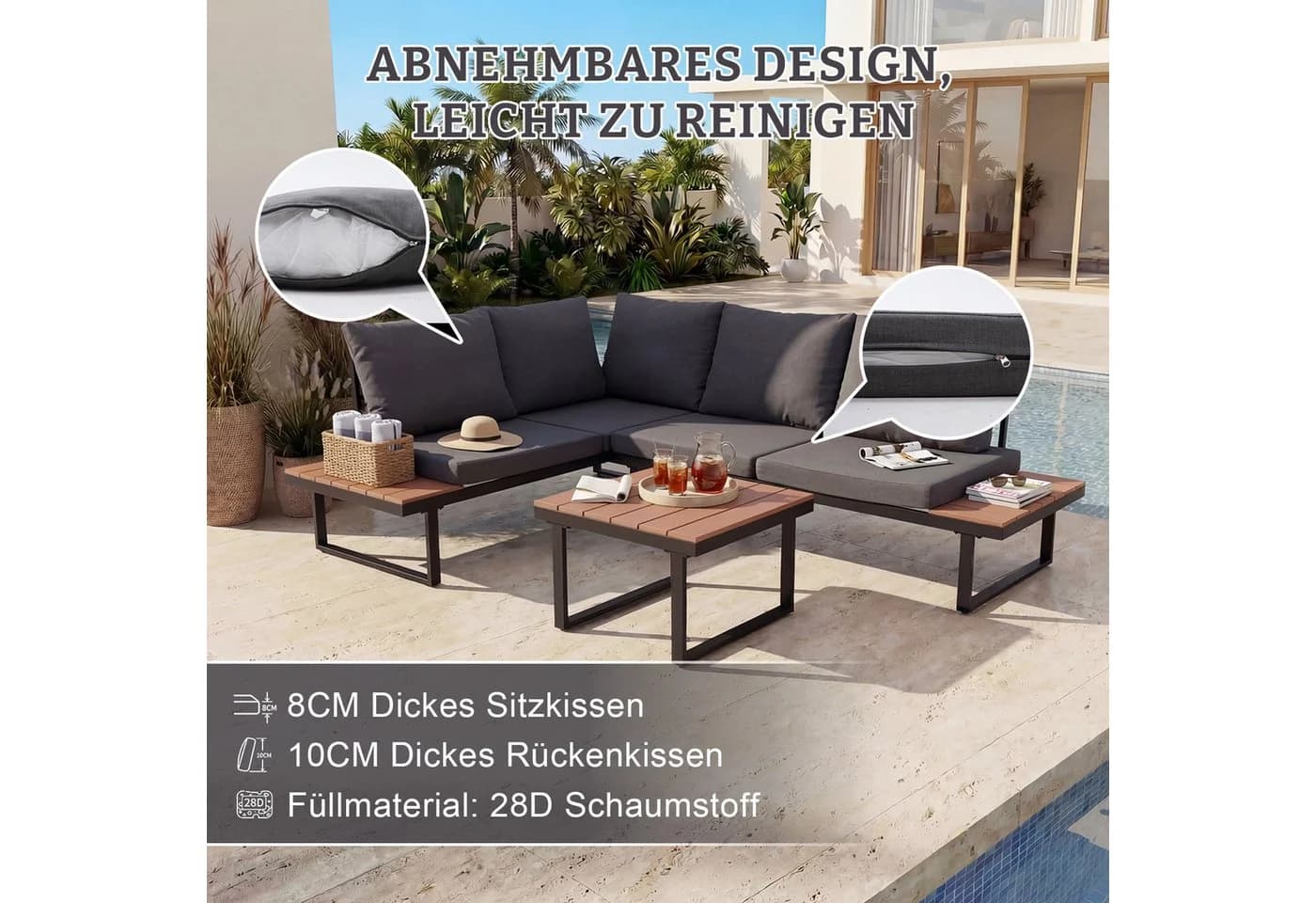 HOMAVO Gartenlounge-Set L-Form Schwarzgrau mit Couchtisch