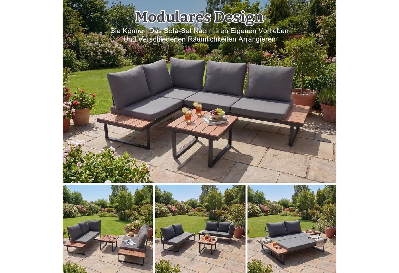 HOMAVO Gartenlounge-Set L-Form Schwarzgrau mit Couchtisch - Bild 3