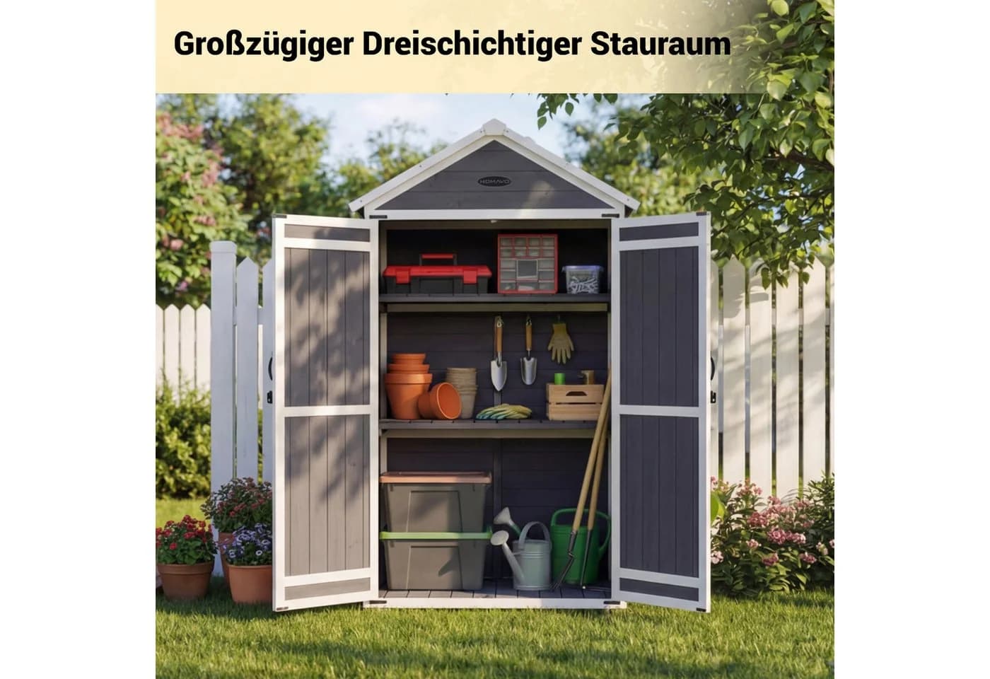 HOMAVO Gerätehaus Gartenschrank Kiefernholz Satteldach mit 2 Böden - Bild 5