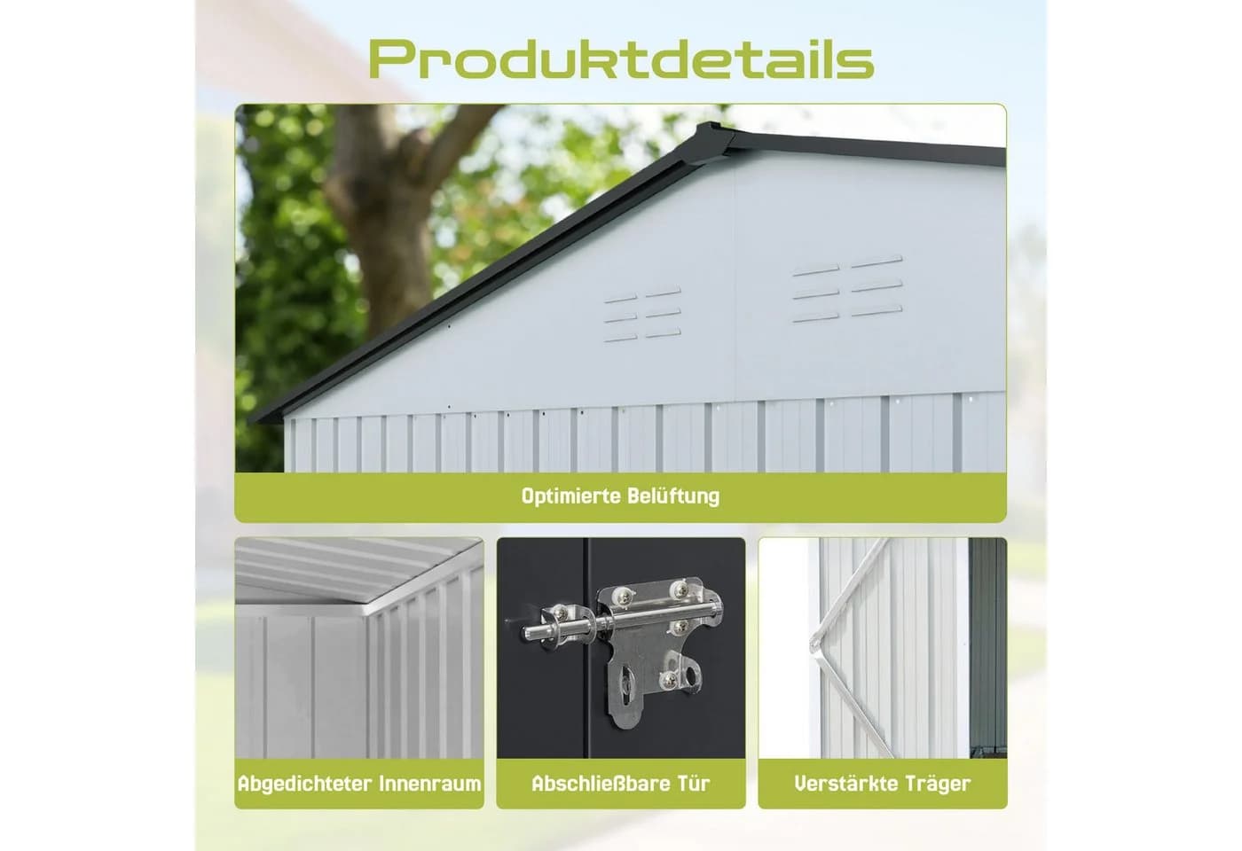 HOMAVO Gerätehaus Metall mit Fundament, mehrere Größen zur Auswahl, mit Belüftungsöffnungen