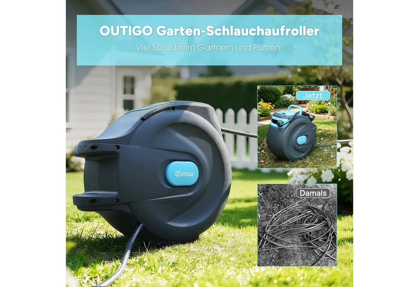 OUTIGO Schlauchtrommel mit 8-Gang-Spritzpistole Grau/Blau
