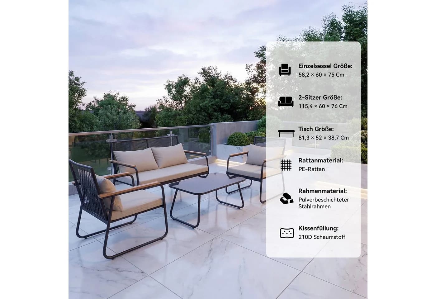 HOMAVO Gartenlounge-Set 4-Sitzer Grau Poly Rattan