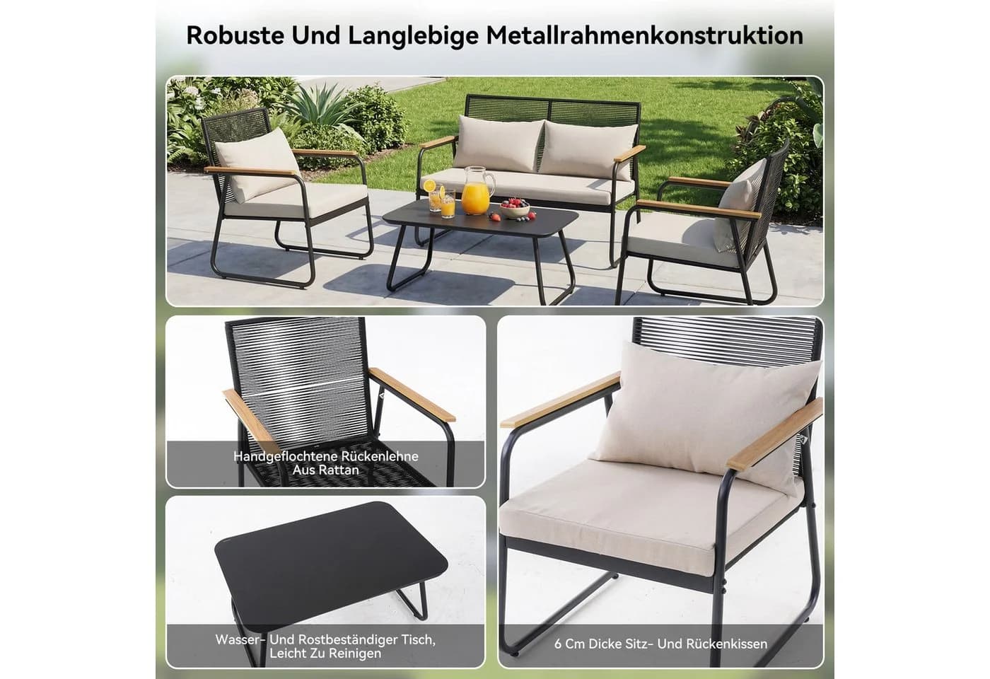 HOMAVO Gartenlounge-Set 4-Sitzer Grau Poly Rattan - Bild 5