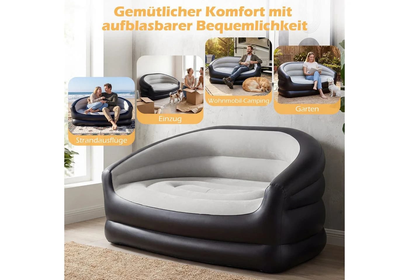 Insma Luftsofa Aufblasbar 2-Sitzer Grau Schwarz Outdoor Camping