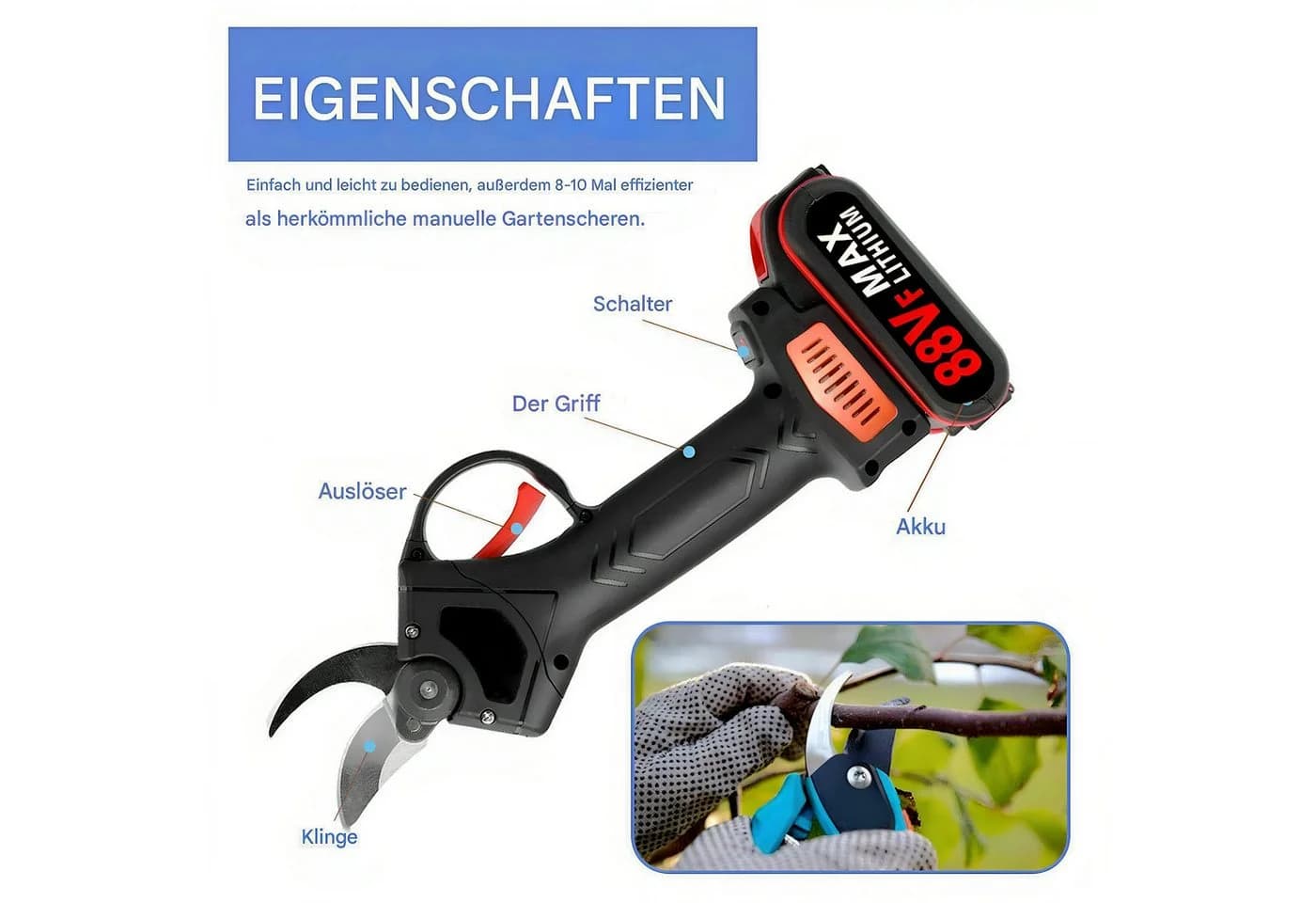 GARRYFIZH Akku-Astschere 21V 25mm mit 4-Zoll-Kettensäge
