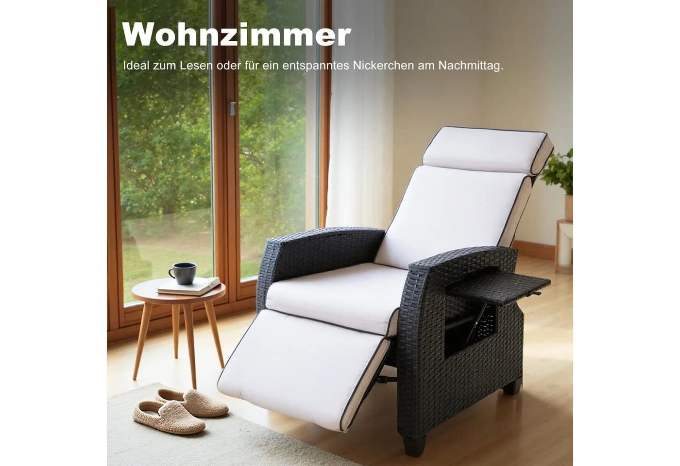 HOMAVO Gartensessel Rattan mit verstellbarer Rückenlehne, Ablagetisch, wetterfest