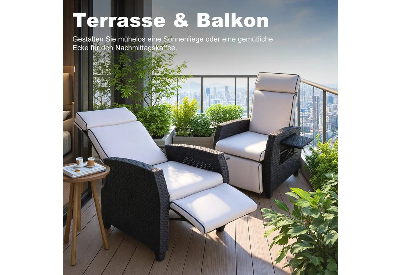 HOMAVO Gartensessel Rattan mit verstellbarer Rückenlehne, Ablagetisch, wetterfest - Bild 3
