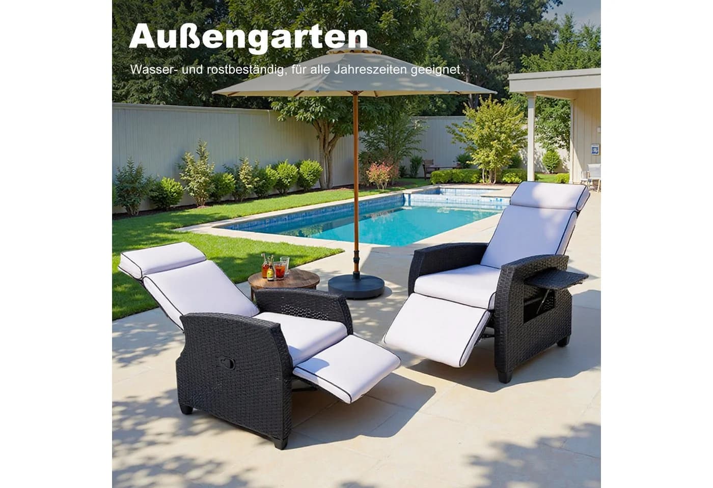 HOMAVO Gartensessel Rattan mit verstellbarer Rückenlehne, Ablagetisch, wetterfest - Bild 4