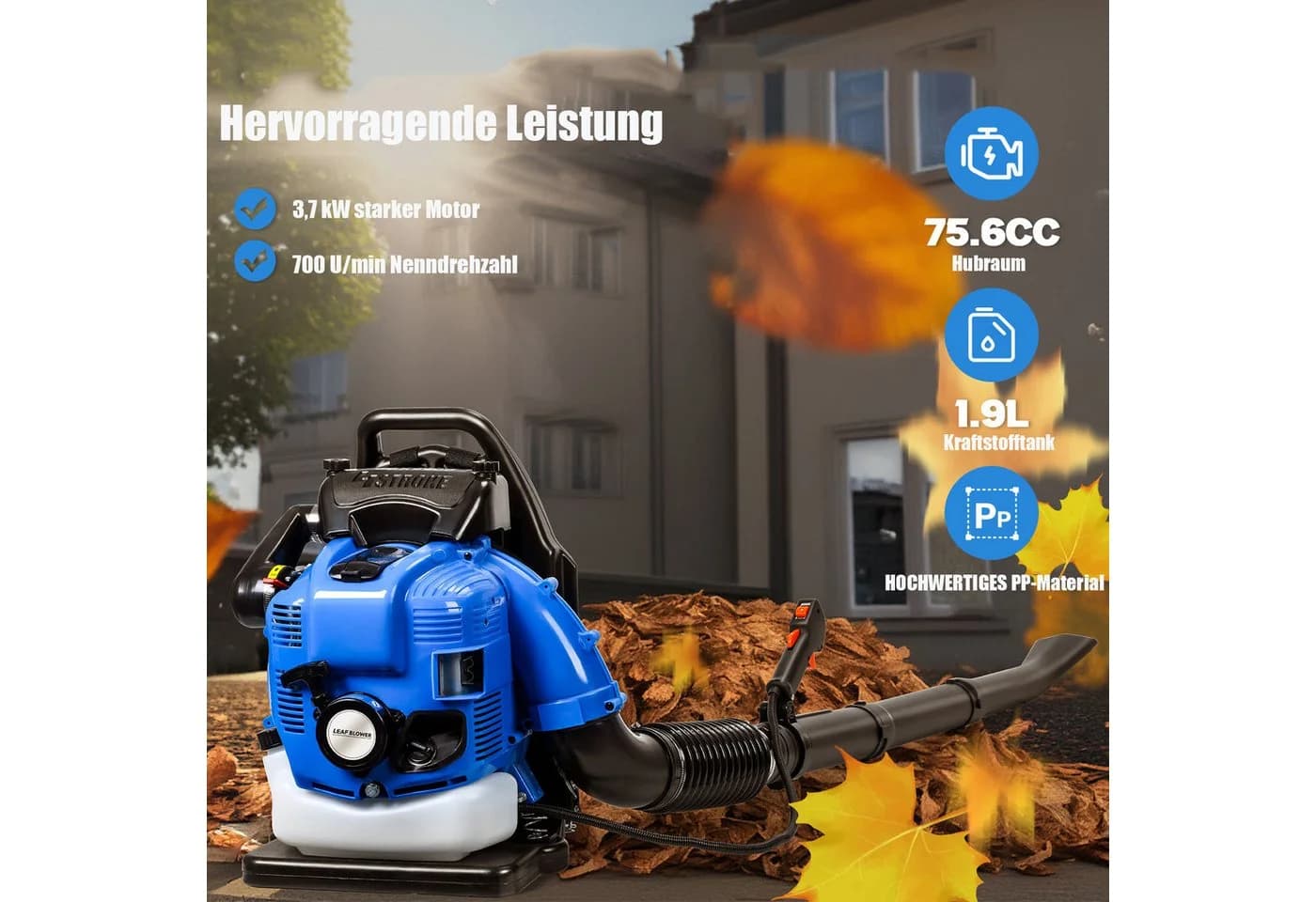 Rutaqian Benzin-Laubbläser 7000RPM 4-Takt Schnurlos Laubbläser Benzinmotor 75.6cc, 500 CFM, Rucksack Laubbläser - Bild 3