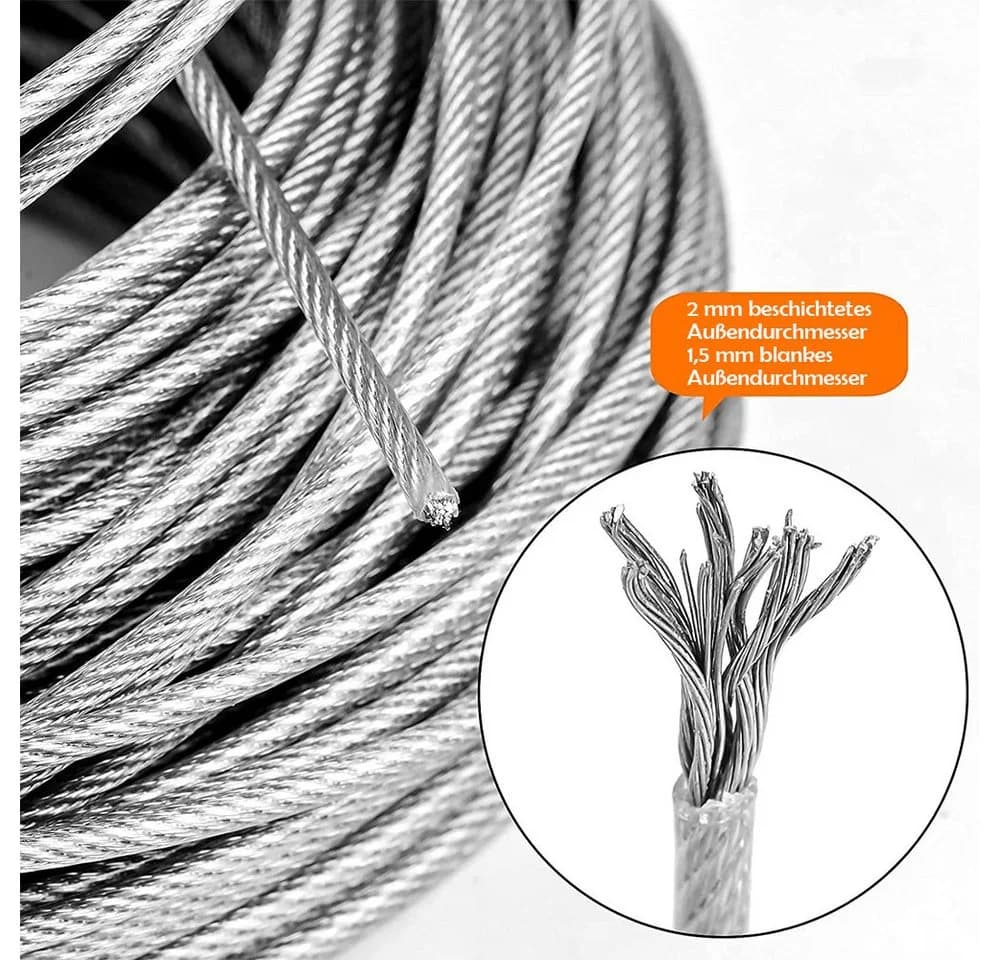 TUWENA Drahtseil Edelstahl 30m Seilspanngarnitur mit Ösen 56Pcs Stahlseil Kit