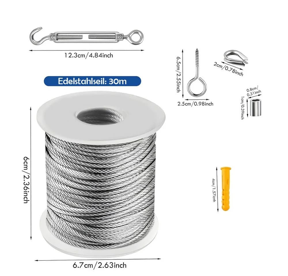 TUWENA Drahtseil Edelstahl 30m Seilspanngarnitur mit Ösen 56Pcs Stahlseil Kit - Bild 3