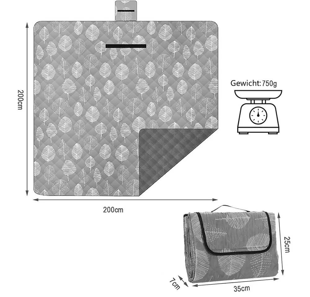 TUWENA Picknickdecke 200x200 cm Wasserdicht Faltbar Grau Gelb