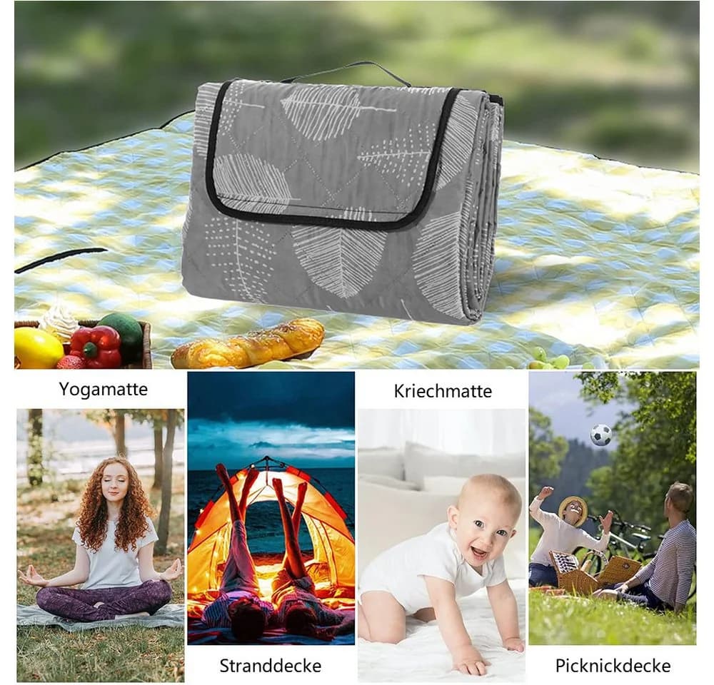 TUWENA Picknickdecke 200x200 cm Wasserdicht Faltbar Grau Gelb - Bild 5