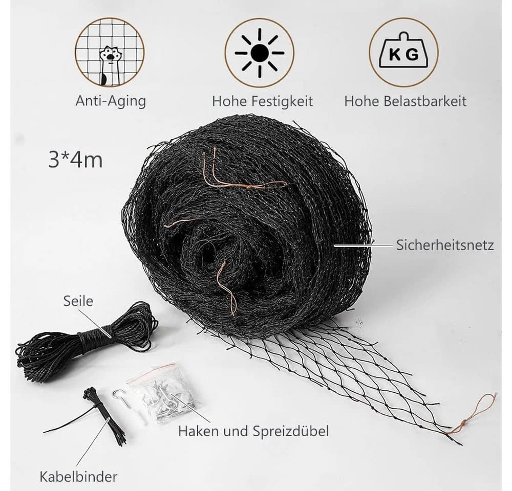 TUWENA Schutznetz Katzennetz für Balkon, Biss- und Reißfestes Balkonnetz, UV-beständig, Katzennetz Drahtverstärkt mit Befestigungsseil, Nägel, Kabelbinder