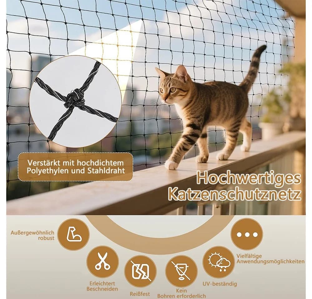 TUWENA Schutznetz Katzennetz für Balkon, Biss- und Reißfestes Balkonnetz, UV-beständig, Katzennetz Drahtverstärkt mit Befestigungsseil, Nägel, Kabelbinder - Bild 4
