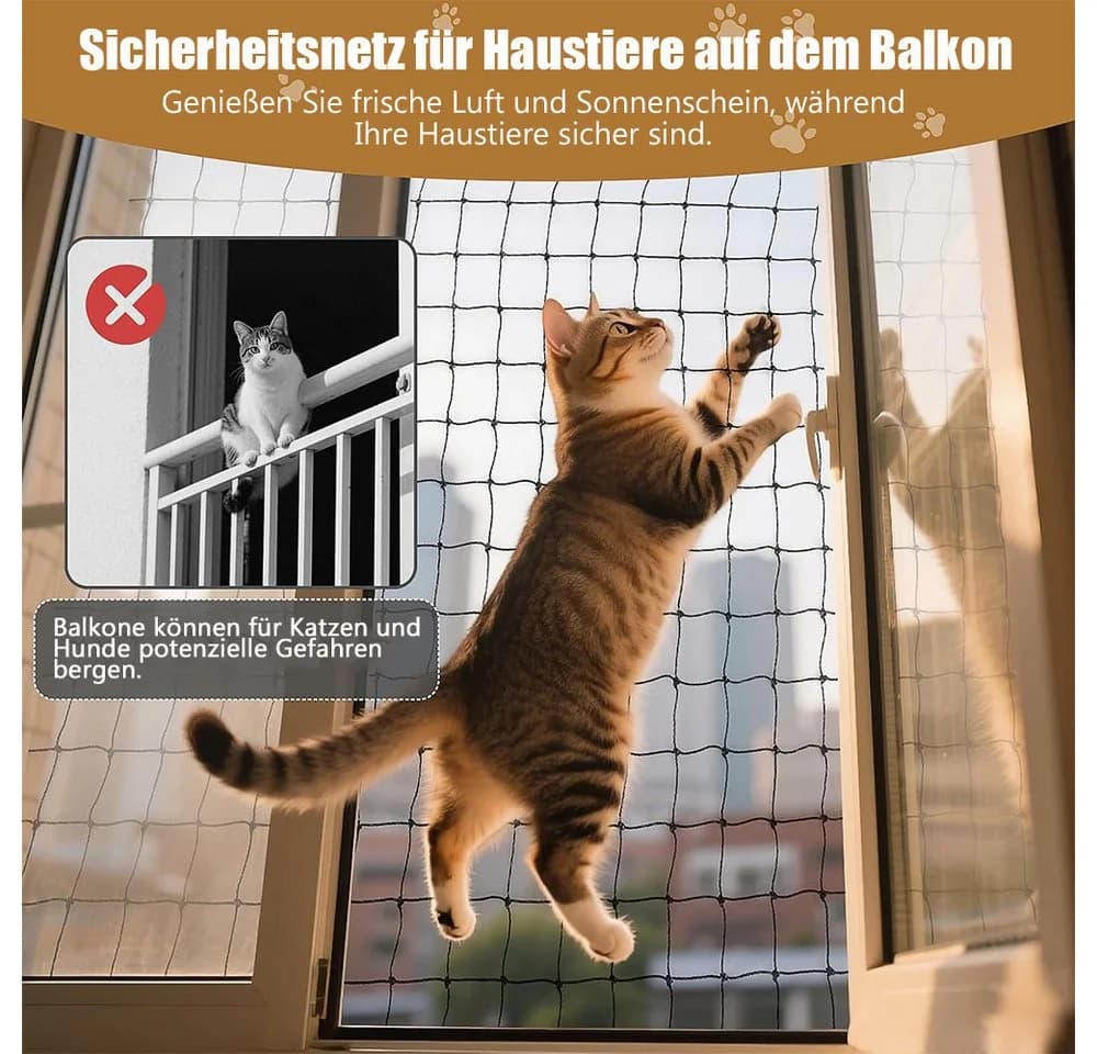 TUWENA Schutznetz Katzennetz für Balkon, Biss- und Reißfestes Balkonnetz, UV-beständig, Katzennetz Drahtverstärkt mit Befestigungsseil, Nägel, Kabelbinder - Bild 5