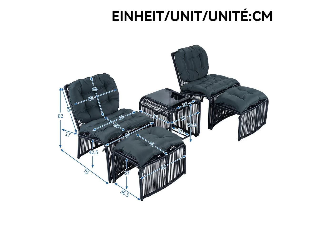 Celya Gartenlounge-Set 5-tlg. Schwarz/Grau PE-Rattan mit Glasplatte