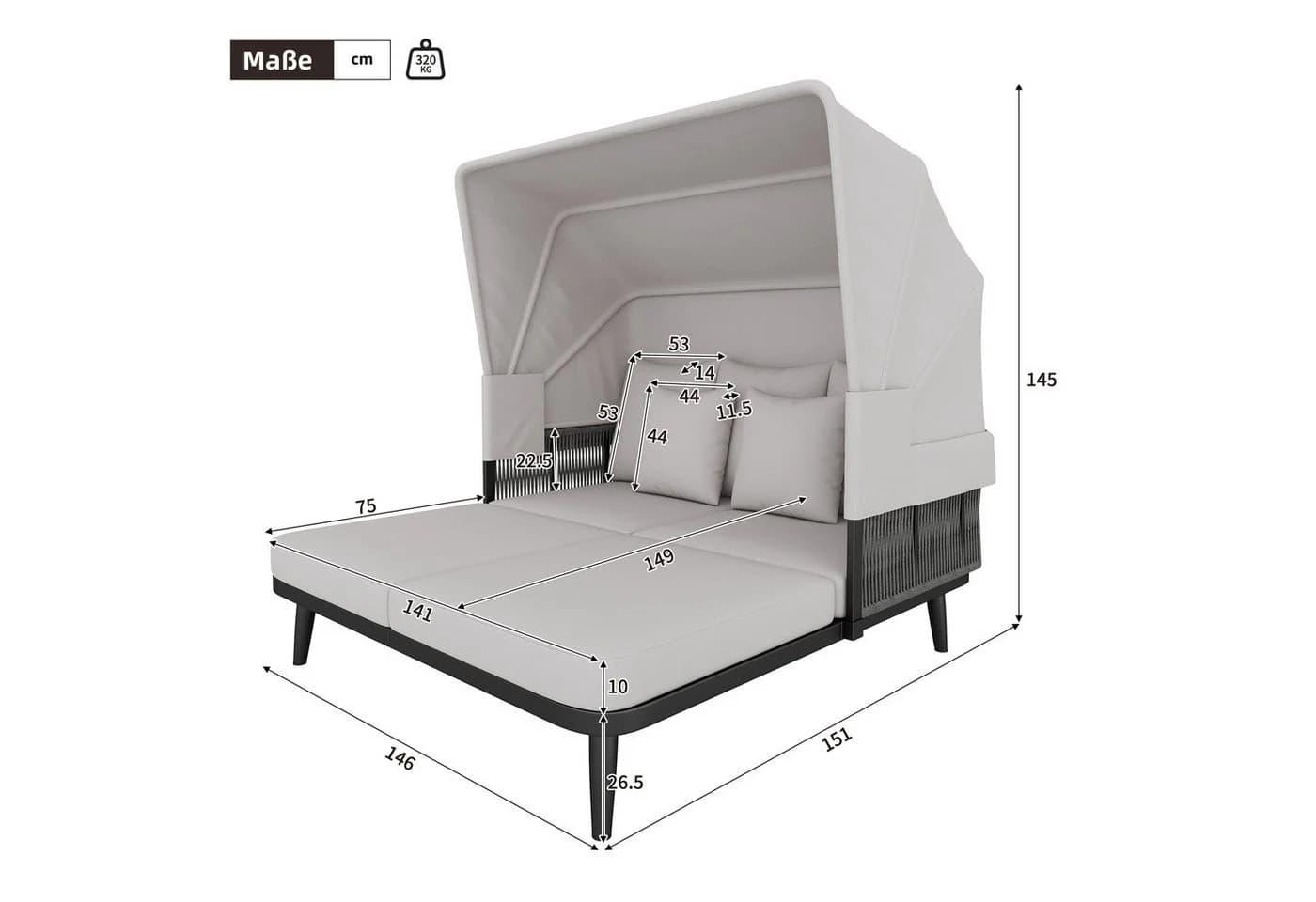Celya Gartenlounge-Set 2-Sitzer Grau mit Markise