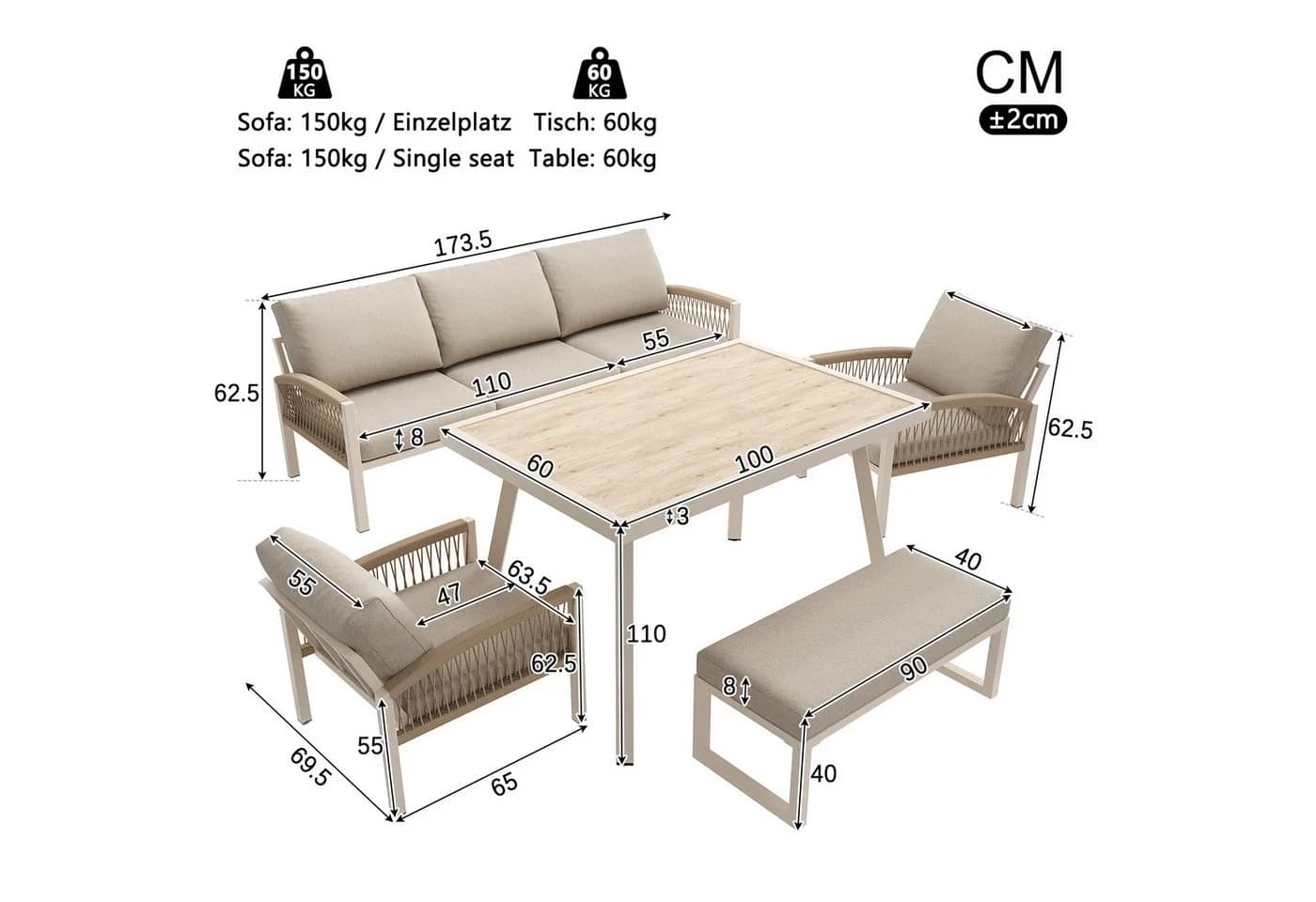 Celya Gartenlounge-Set 7-tlg. Beige Handgeflochten mit Glas