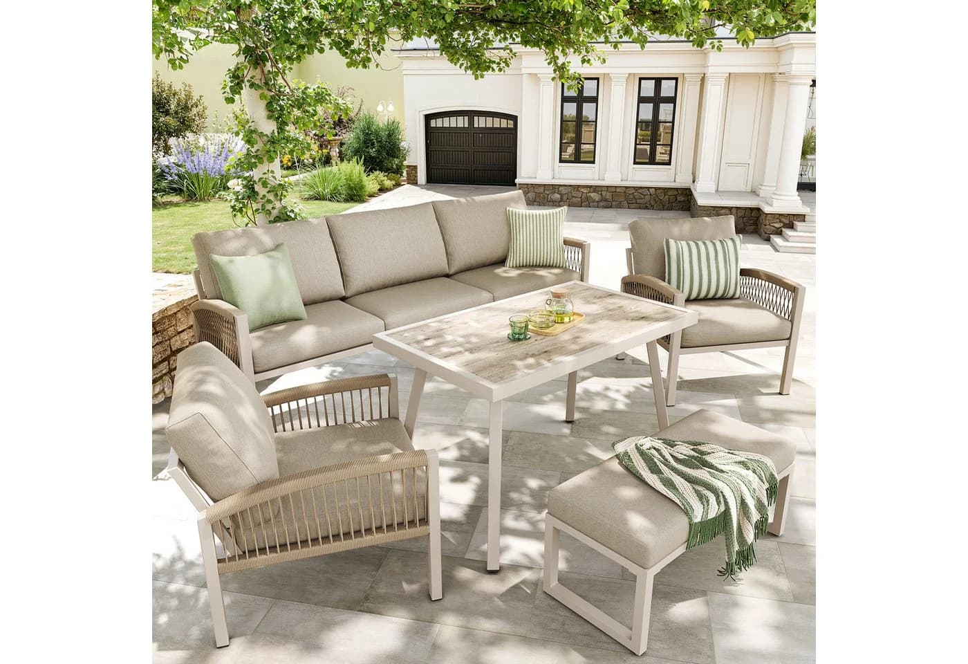 Celya Gartenlounge-Set 7-tlg. Beige Handgeflochten mit Glas - Bild 2