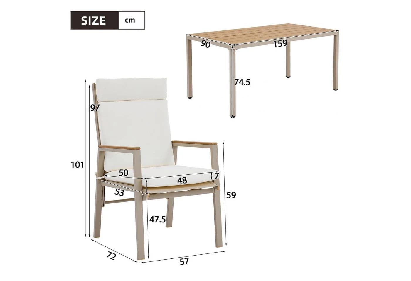 Celya Garten-Essgruppe 7-tlg. Beige WPC-Tischplatte Stahl