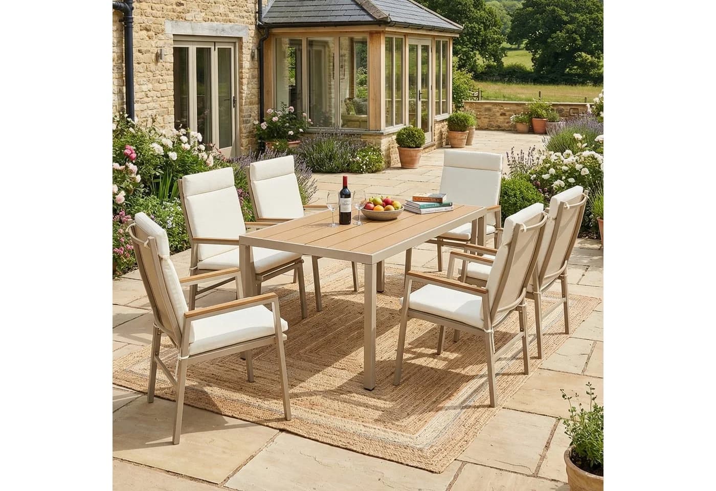 Celya Garten-Essgruppe 7-tlg. Beige WPC-Tischplatte Stahl - Bild 2