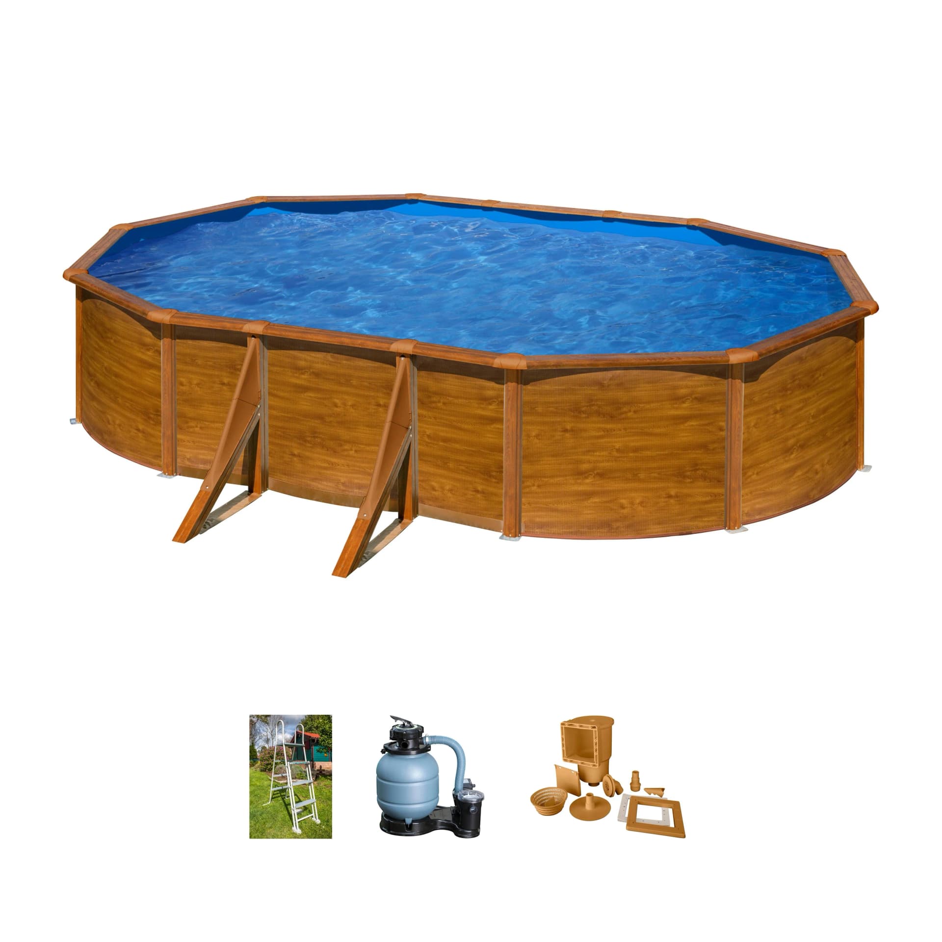 Ovalpool aus Stahl und Holz in Braun und Blau