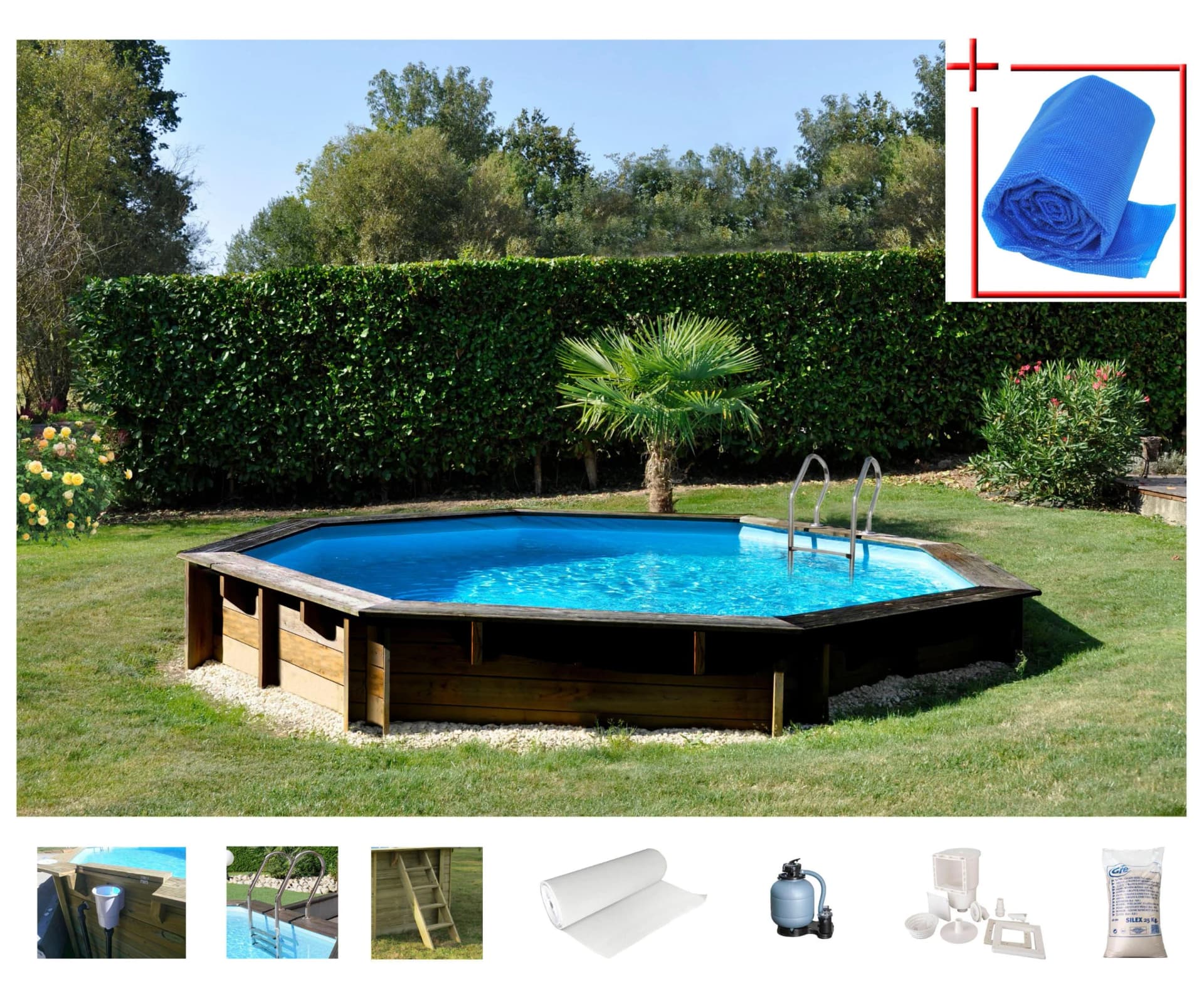 Achteckiges Schwimmbecken aus Kiefernholz und PVC