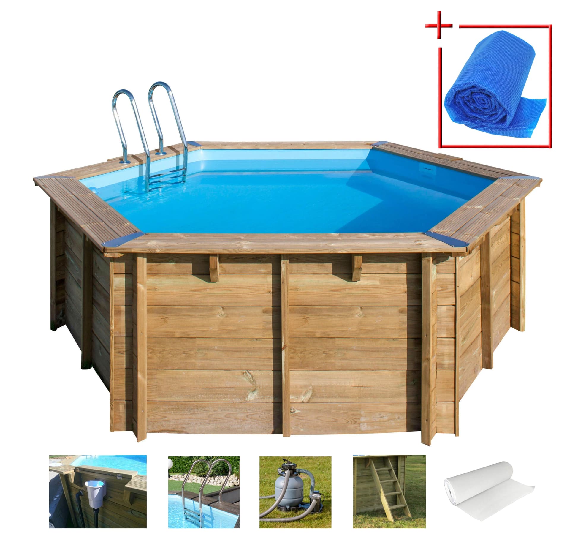 Sechseckiges Schwimmbecken aus Kiefernholz, PVC und Edelstahl