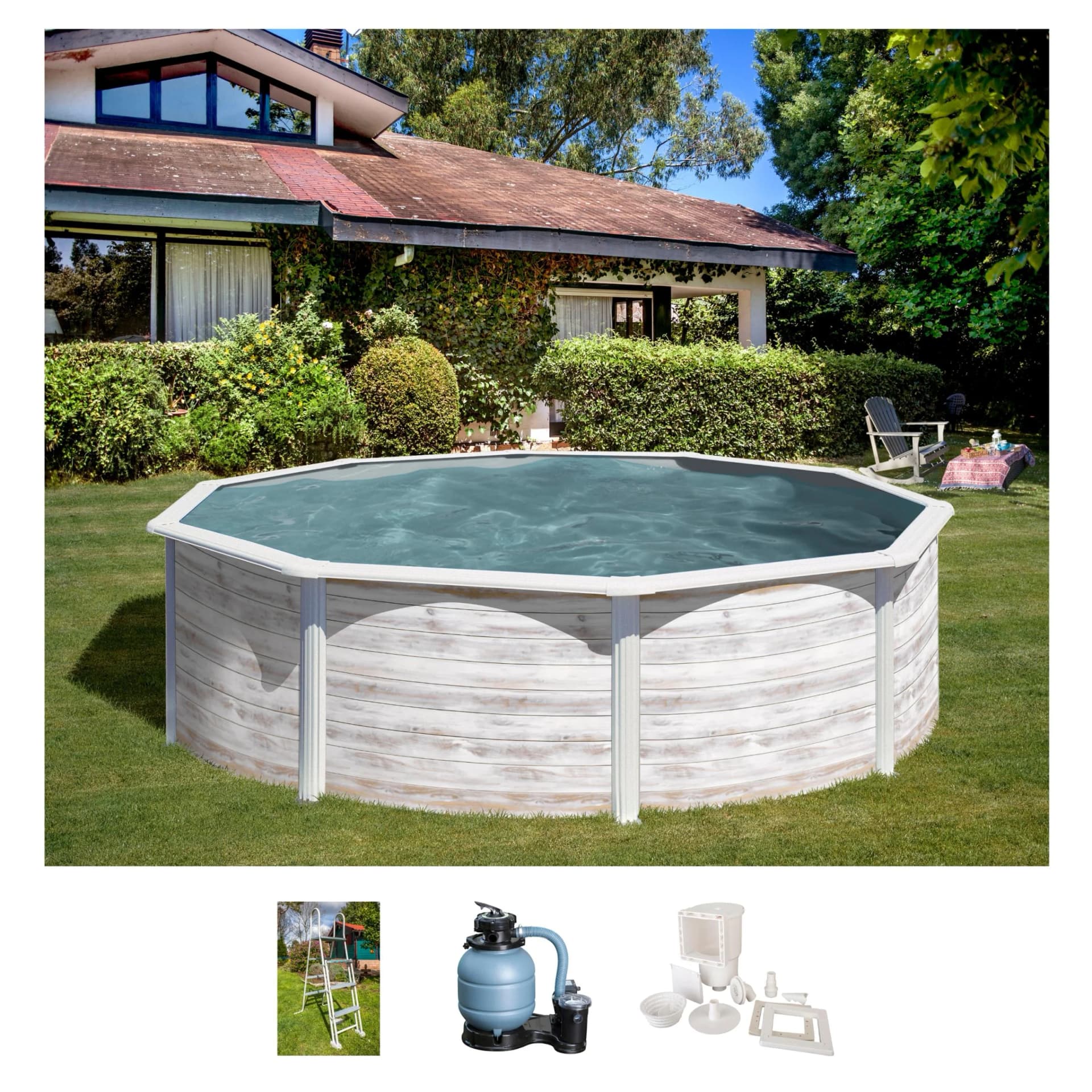 Rundes Schwimmbecken aus Stahl, PVC und Edelstahl