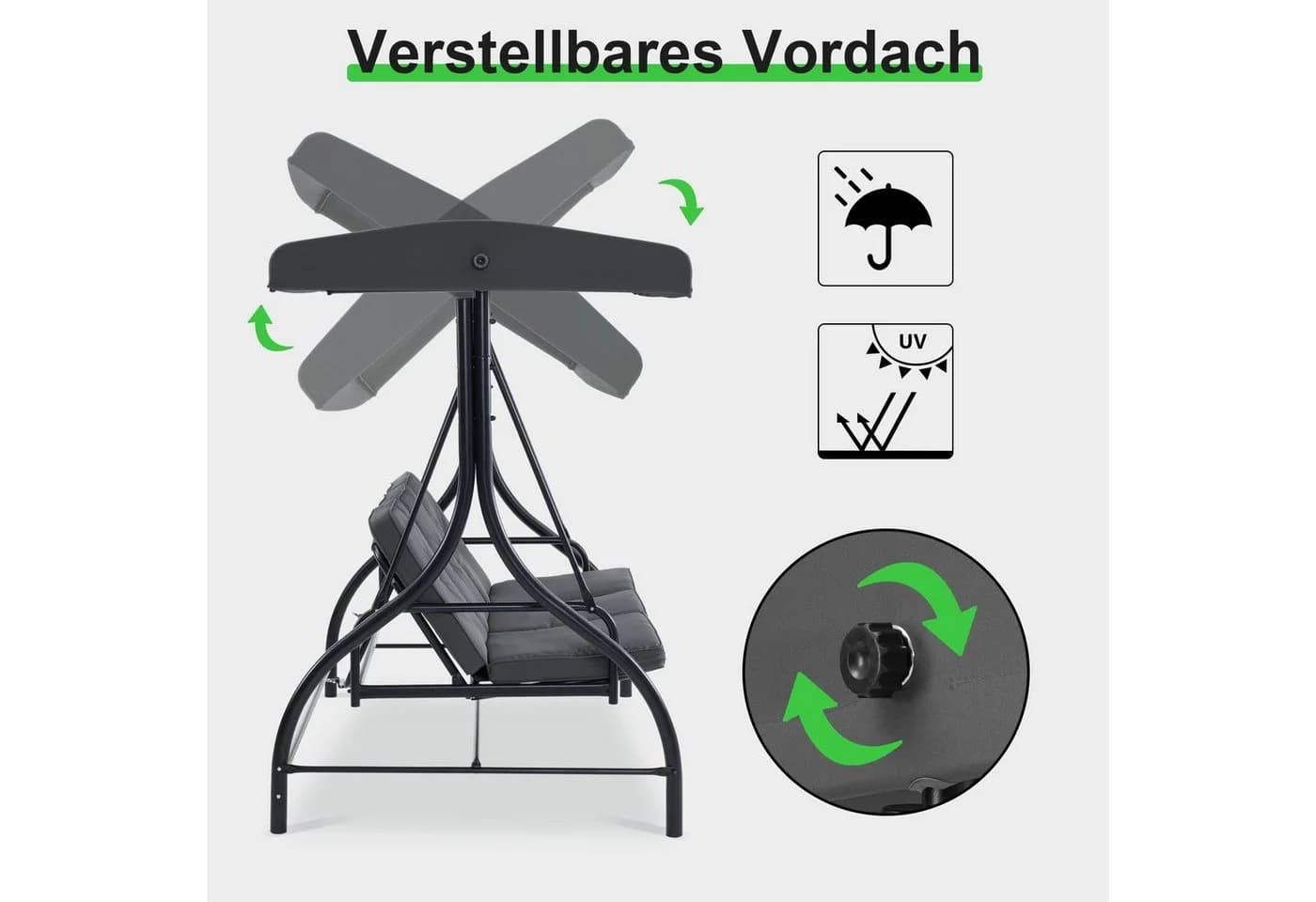 MCombo Hollywoodschaukel 3-Sitzer Grau mit Liegefunktion und Dach - Bild 4