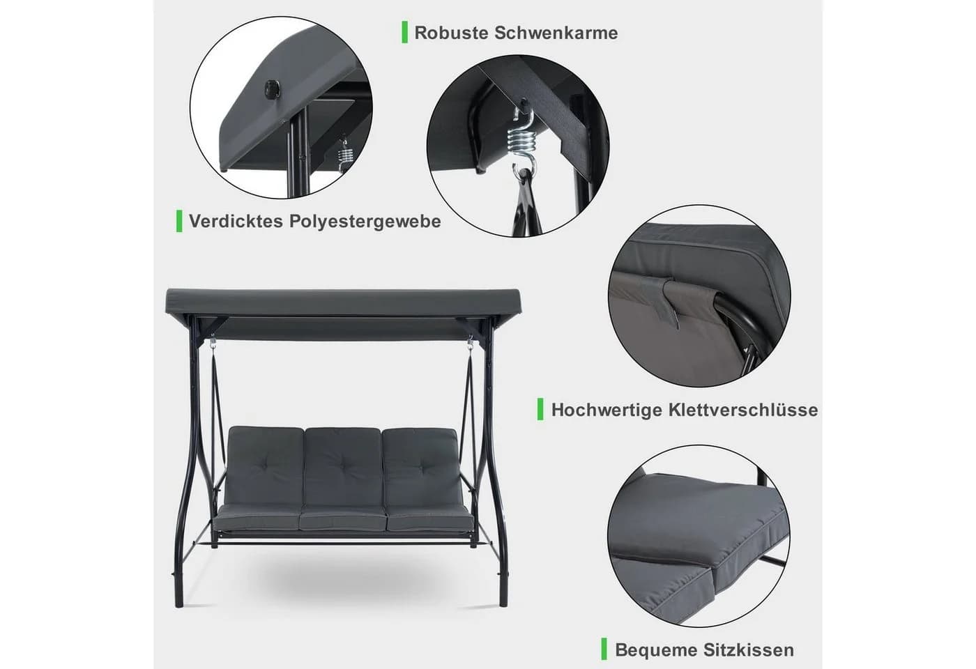 MCombo Hollywoodschaukel 3-Sitzer Grau mit Liegefunktion und Dach - Bild 5