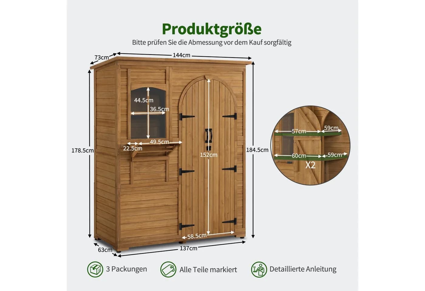 MCombo Gartenschrank Holz 144x73x185 cm mit 3 Regalen Wetterfest - Bild 3