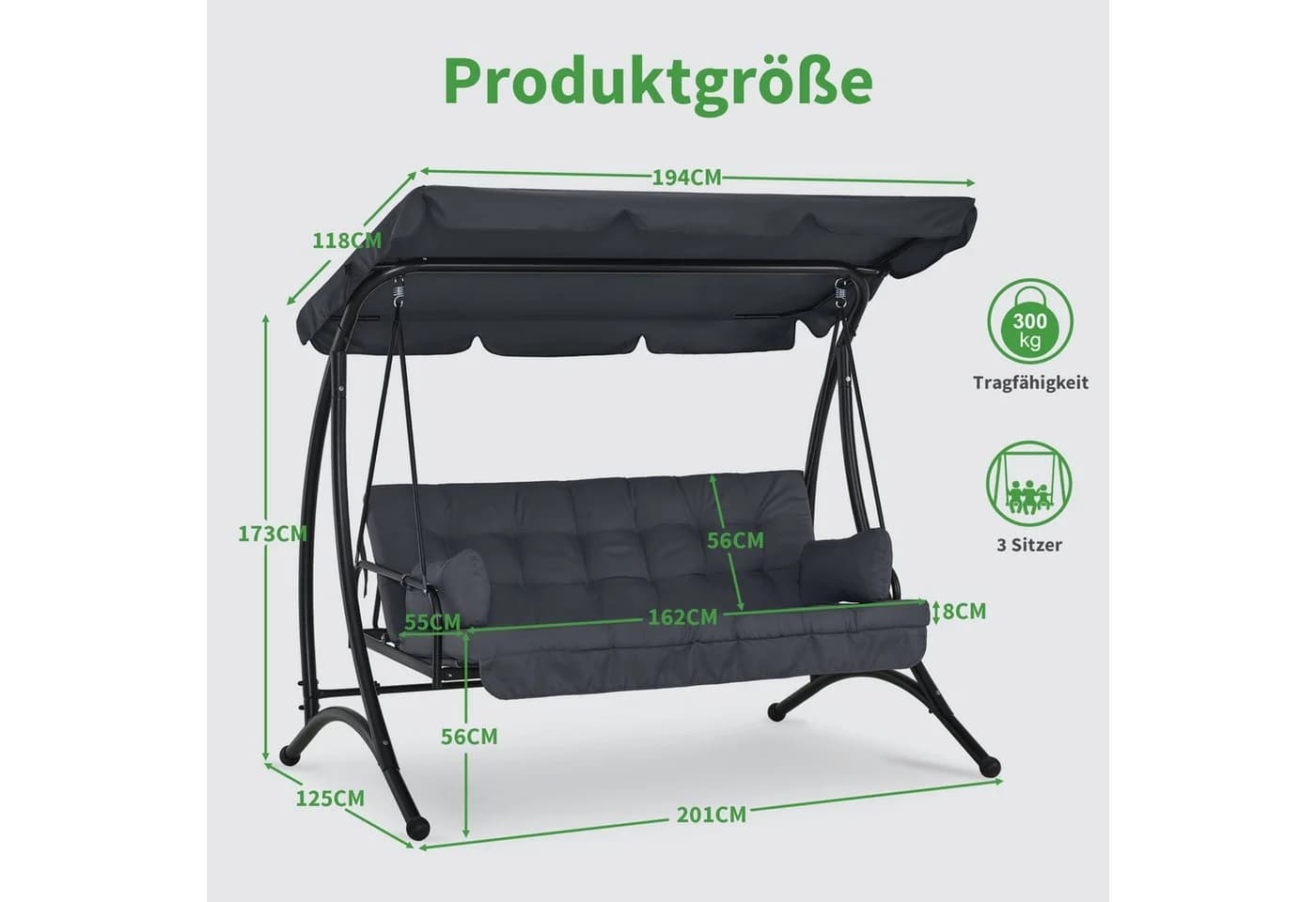 MCombo Hollywoodschaukel 3-Sitzer Grau mit Liegefunktion - Bild 5