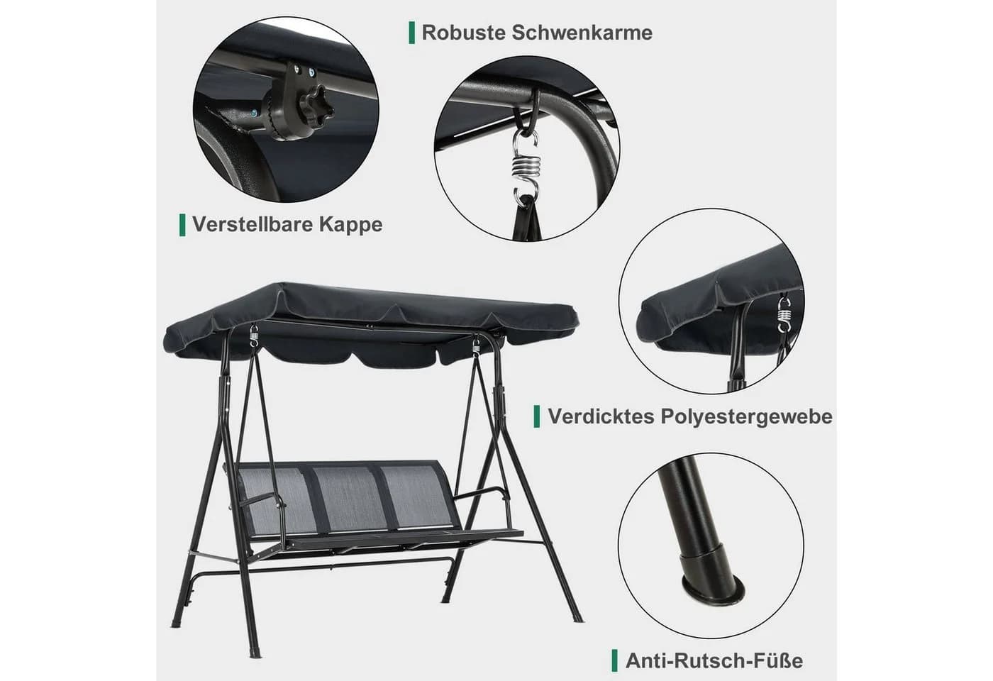 MCombo Hollywoodschaukel 3-Sitzer Grau mit Sonnendach - Bild 5