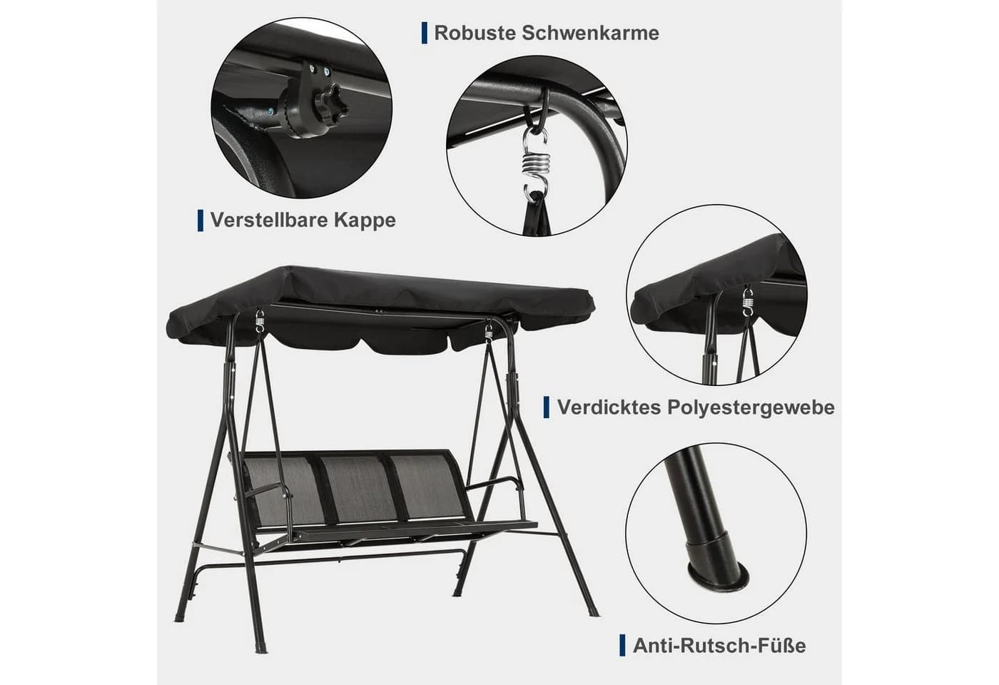 MCombo Hollywoodschaukel 3-Sitzer mit Sonnendach Schwarz - Bild 5