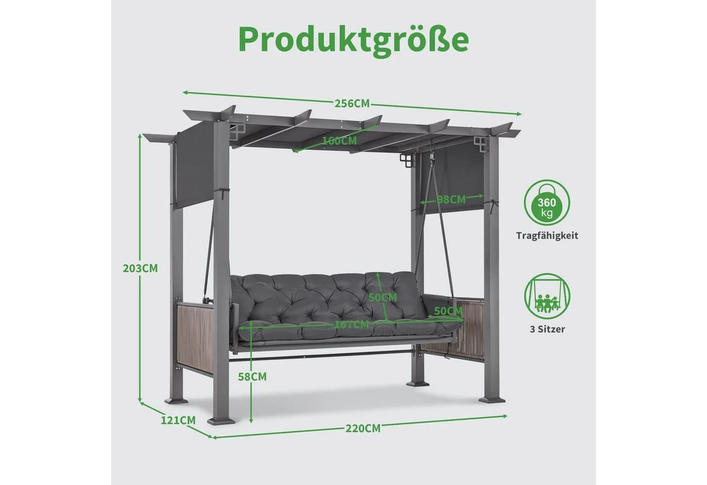 MCombo Hollywoodschaukel 3-Sitzer Grau mit Liegefunktion - Bild 3