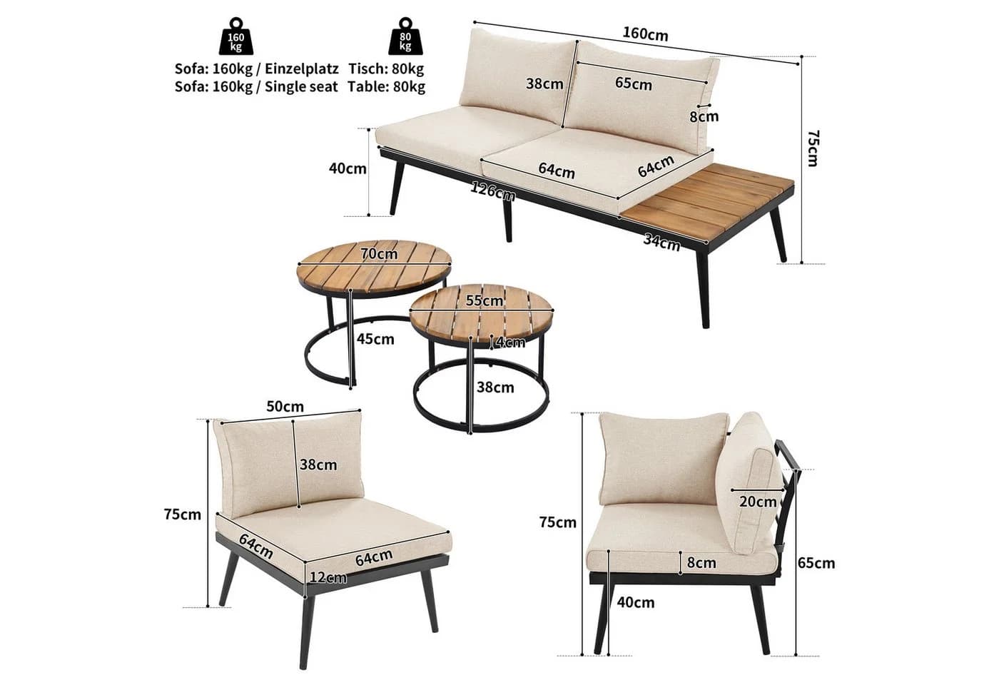 Celya Gartenlounge-Set 6-tlg. Beige Verzinktes Eisen