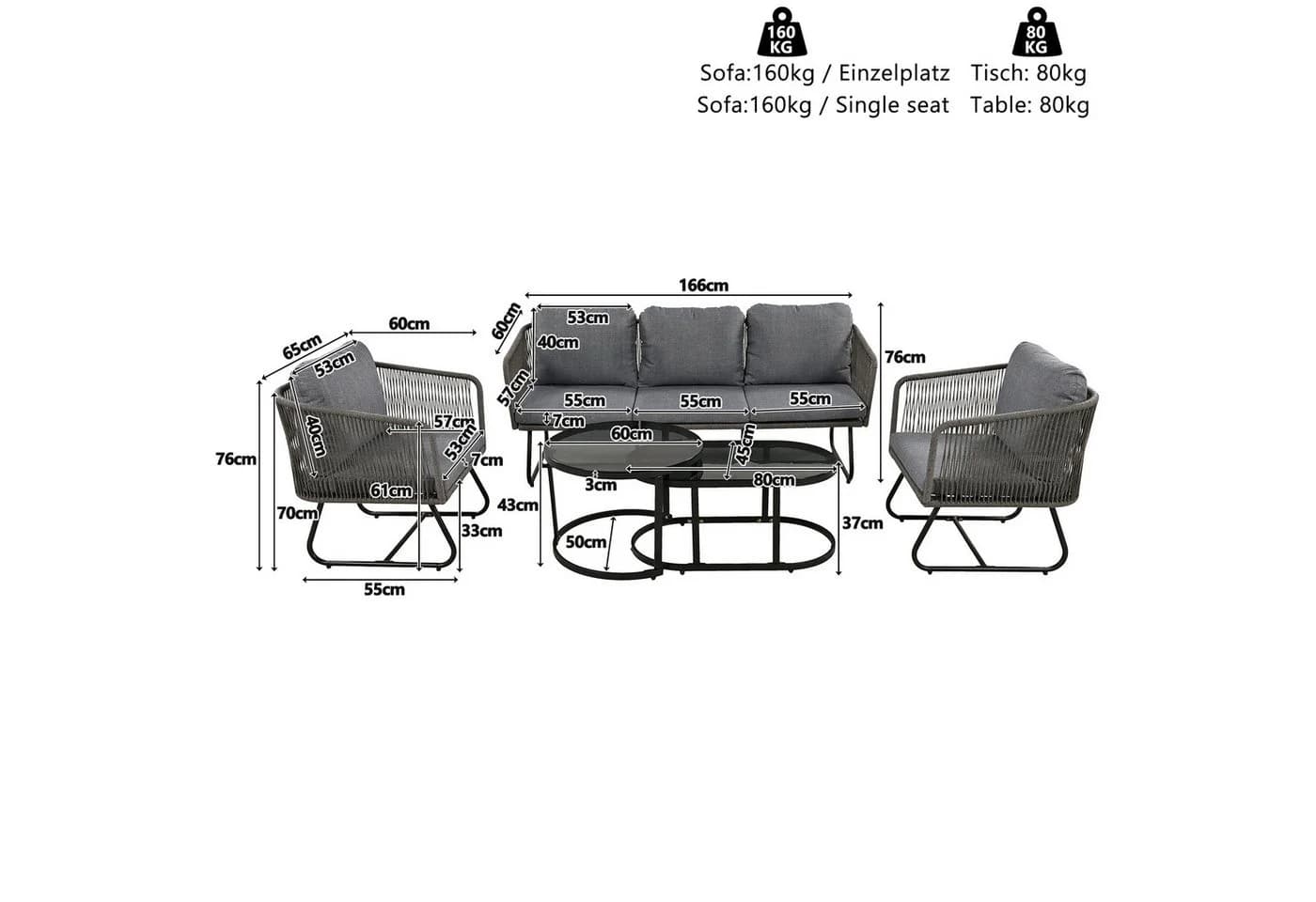 Celya Gartenlounge-Set 5-tlg. Grau Seil mit Glasplatte