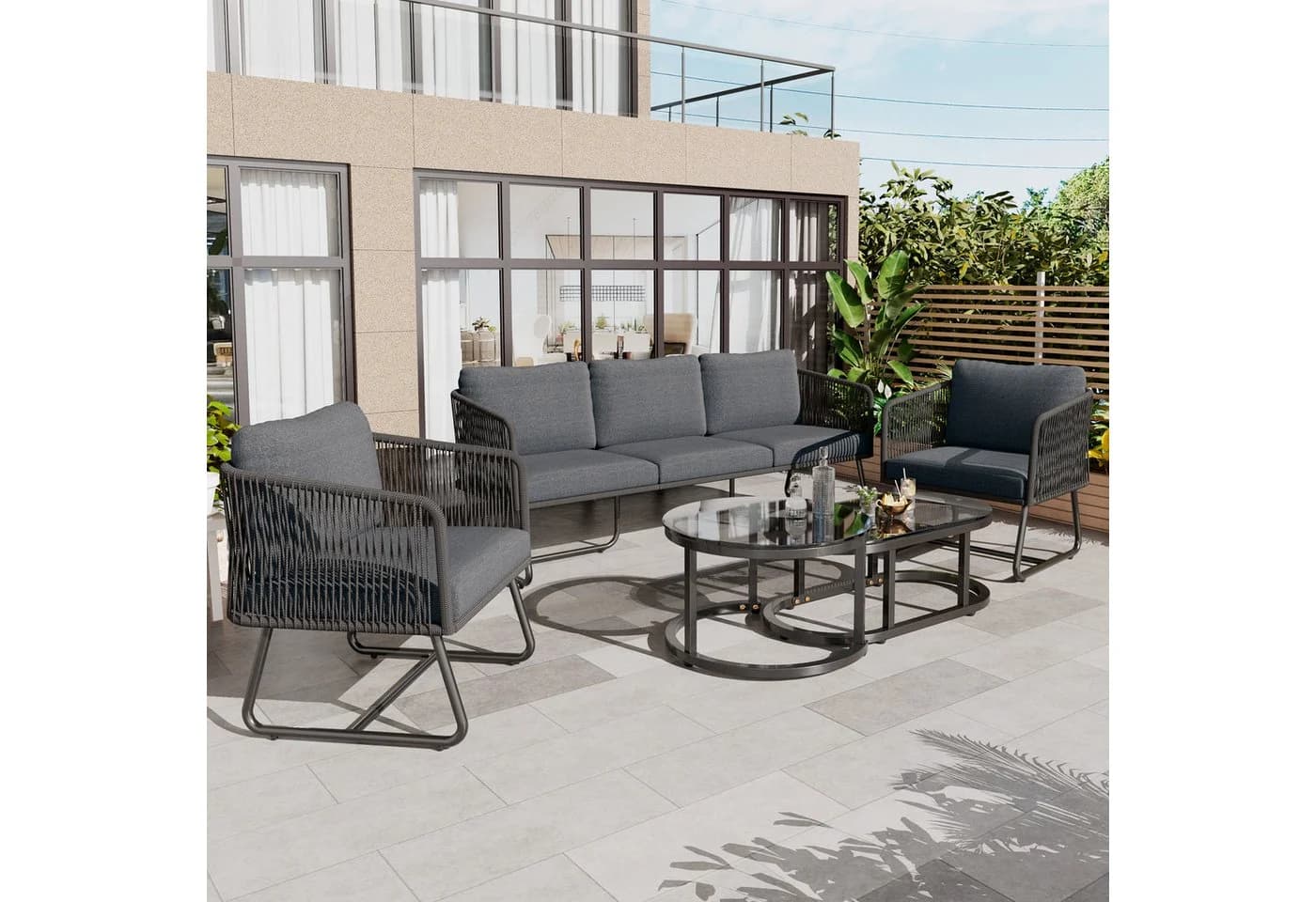 Celya Gartenlounge-Set 5-tlg. Grau Seil mit Glasplatte - Bild 2