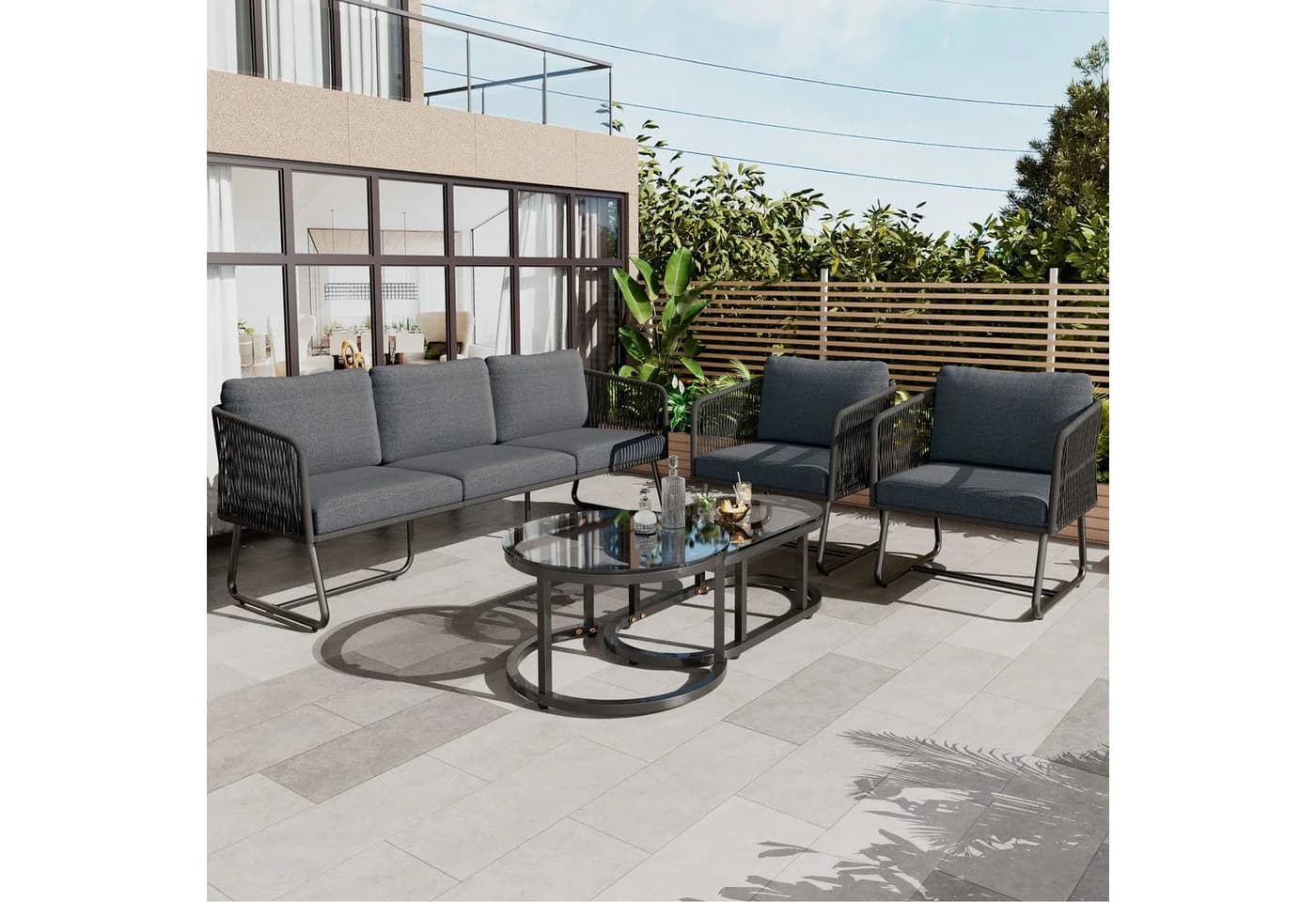 Celya Gartenlounge-Set 5-tlg. Grau Seil mit Glasplatte - Bild 3