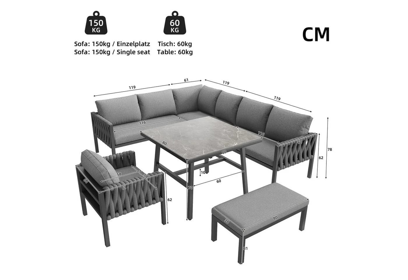 Celya Gartenlounge-Set Grau Seilgeflecht mit Kissen