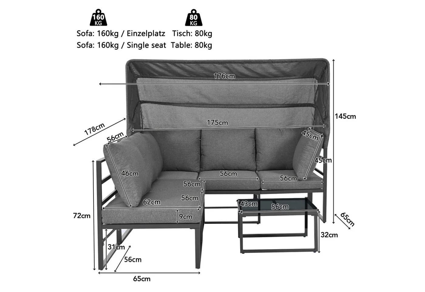 Celya Gartenlounge-Set 5-tlg. Grau mit Kissen und Markise