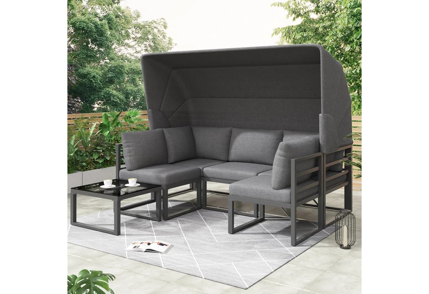 Celya Gartenlounge-Set 5-tlg. Grau mit Kissen und Markise - Bild 2