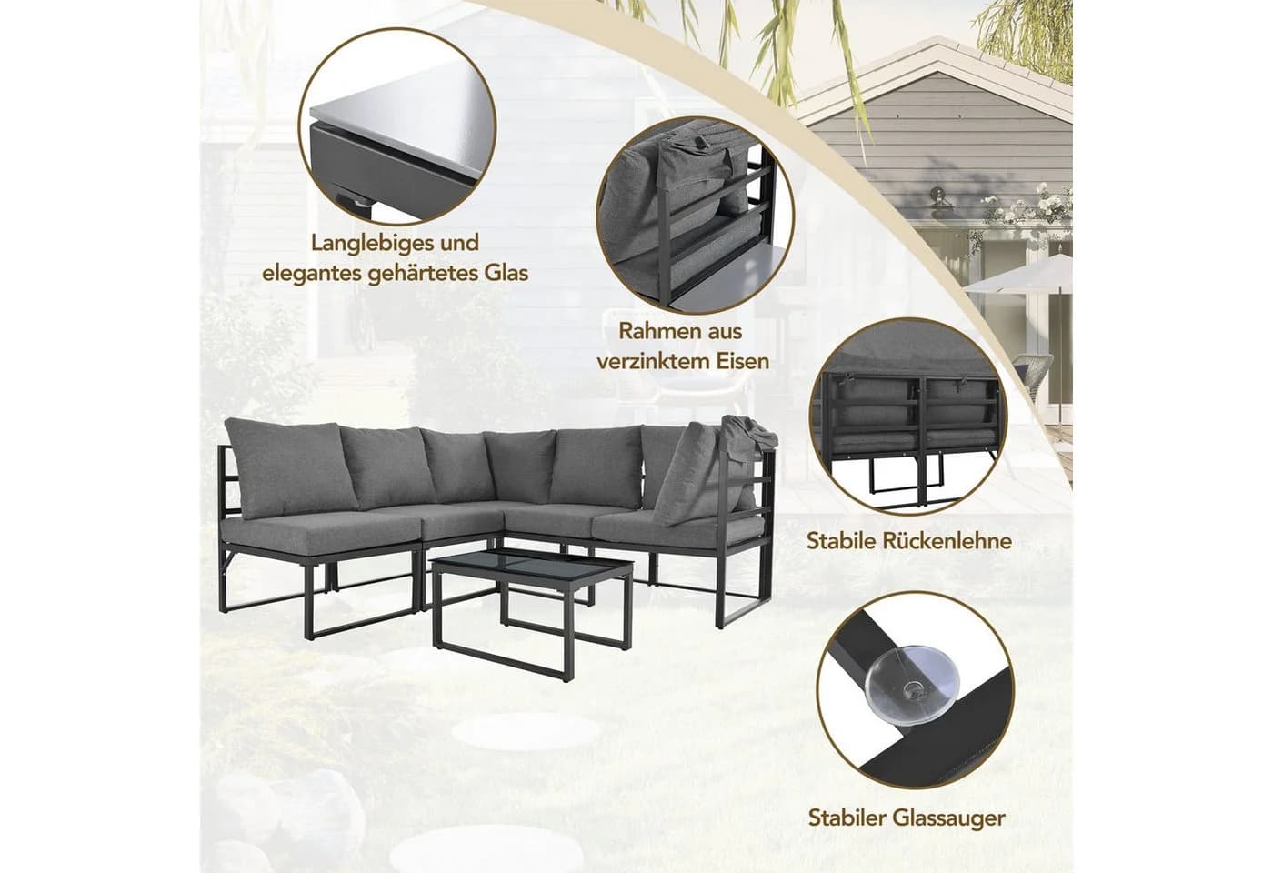 Celya Gartenlounge-Set 5-tlg. Grau mit Kissen und Markise - Bild 4