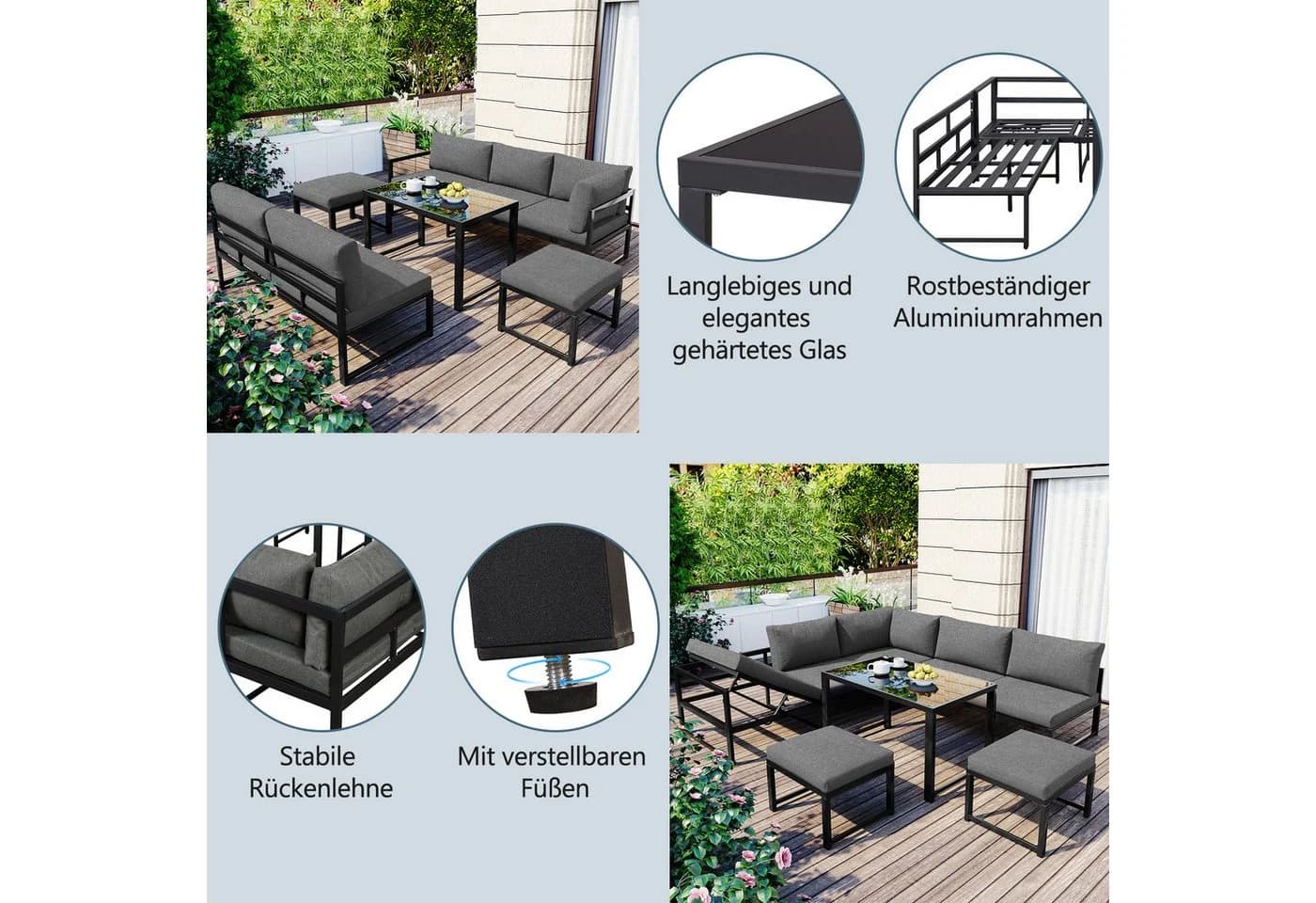 Celya Gartenlounge-Set 7-tlg. Grau Aluminium mit Liegefunktion - Bild 5